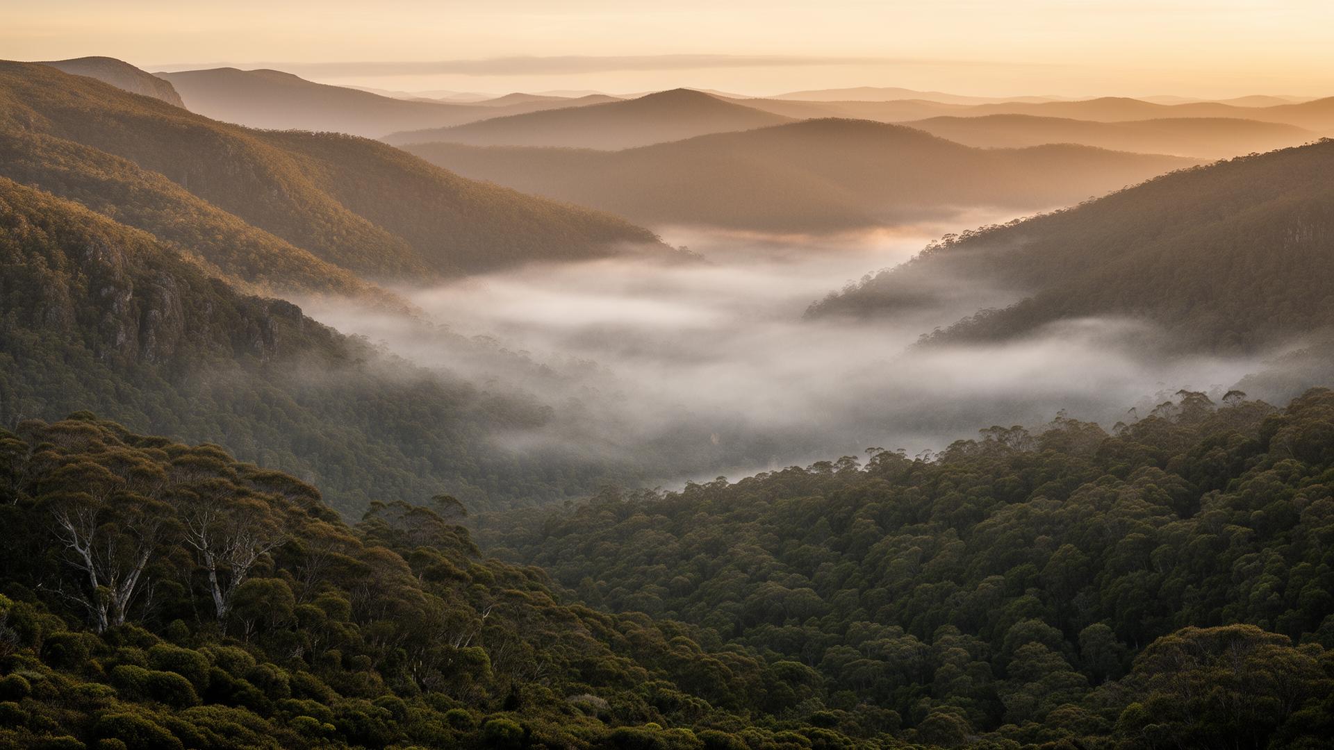 Misty Tasmanian highlands at sunrise